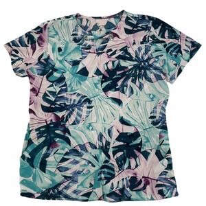 Butter-Soft Stretch Scrub Top Womens M Teal Purple Palm Leaf Tropical Grommet